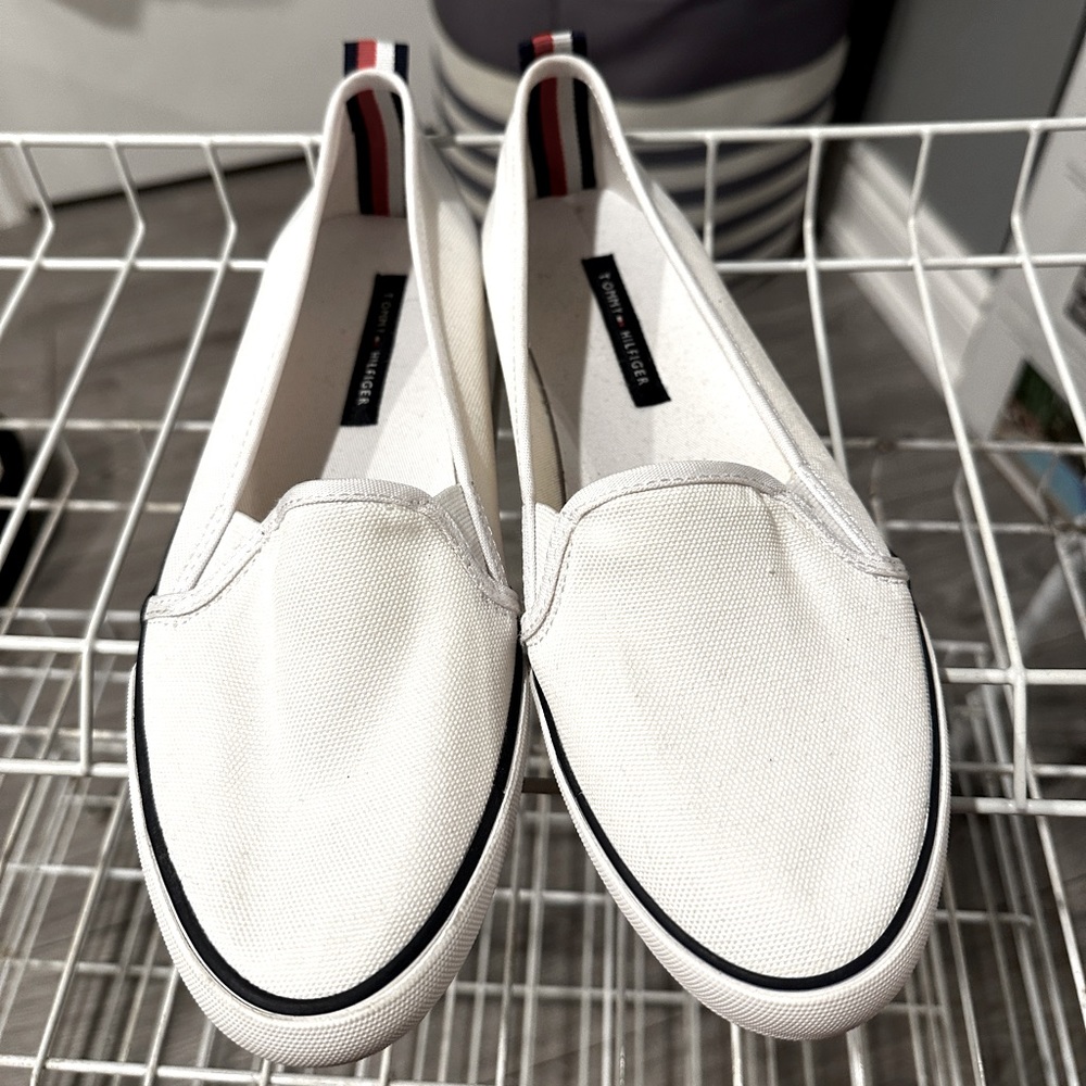 White Fabric Tommy Hilfiger Slip on Shoes